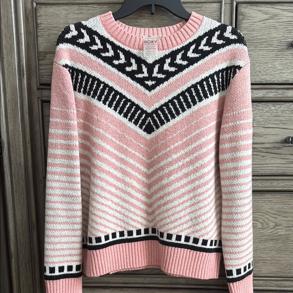 Roxy Pink and Black Crew Neck Sweater